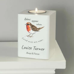 Personalised Robins Appear White Wooden Tealight Holder -Campus Gifts Sales 4005074 pmc personalised robins appear white wooden tealight holder 2