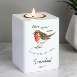 Personalised Robins Appear White Wooden Tealight Holder -Campus Gifts Sales 4005074 pmc personalised robins appear white wooden tealight holder 4