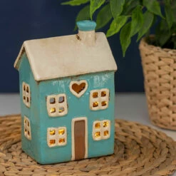 Campus Gifts Sales 32 Shudehill Village Pottery Heart House Bright Blue Tealight Holder