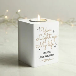 Personalised 'Light Up My Life' White Wooden Tea Light Holder 7 Personalised 'Light Up My Life' White Wooden Tea Light Holder -Campus Gifts Sales p1011f09