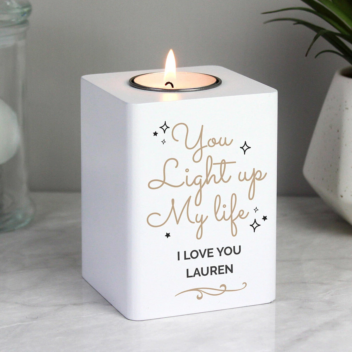 Personalised 'Light Up My Life' White Wooden Tea Light Holder 3 Personalised 'Light Up My Life' White Wooden Tea Light Holder