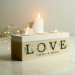 Personalised ‘Love’ Botanical Triple Tealight Box -Campus Gifts Sales p1011f32